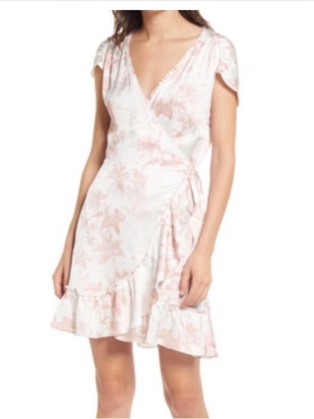 All Saints Pale Pink Floral Wrap Mini Dress with Ruffle Hem